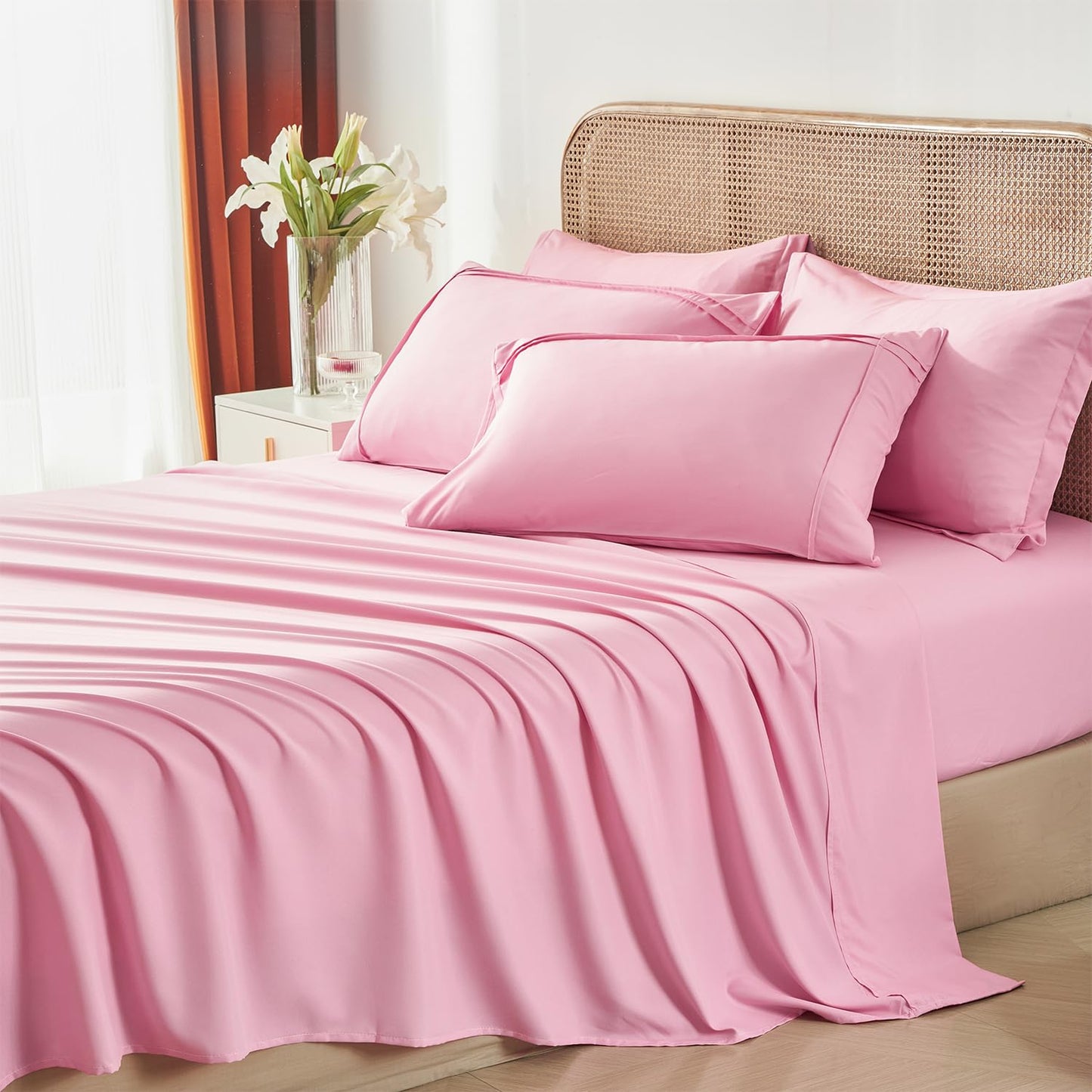 Yogeneg Full Size Comforter Set 7 Piece Bed in a Bag,Grid Pinch Pleat Pink Bedding Set,Striped Textured Soft Microfiber Comforter with Sheet Set,All Season Complete Bed Set(Pink,Full)