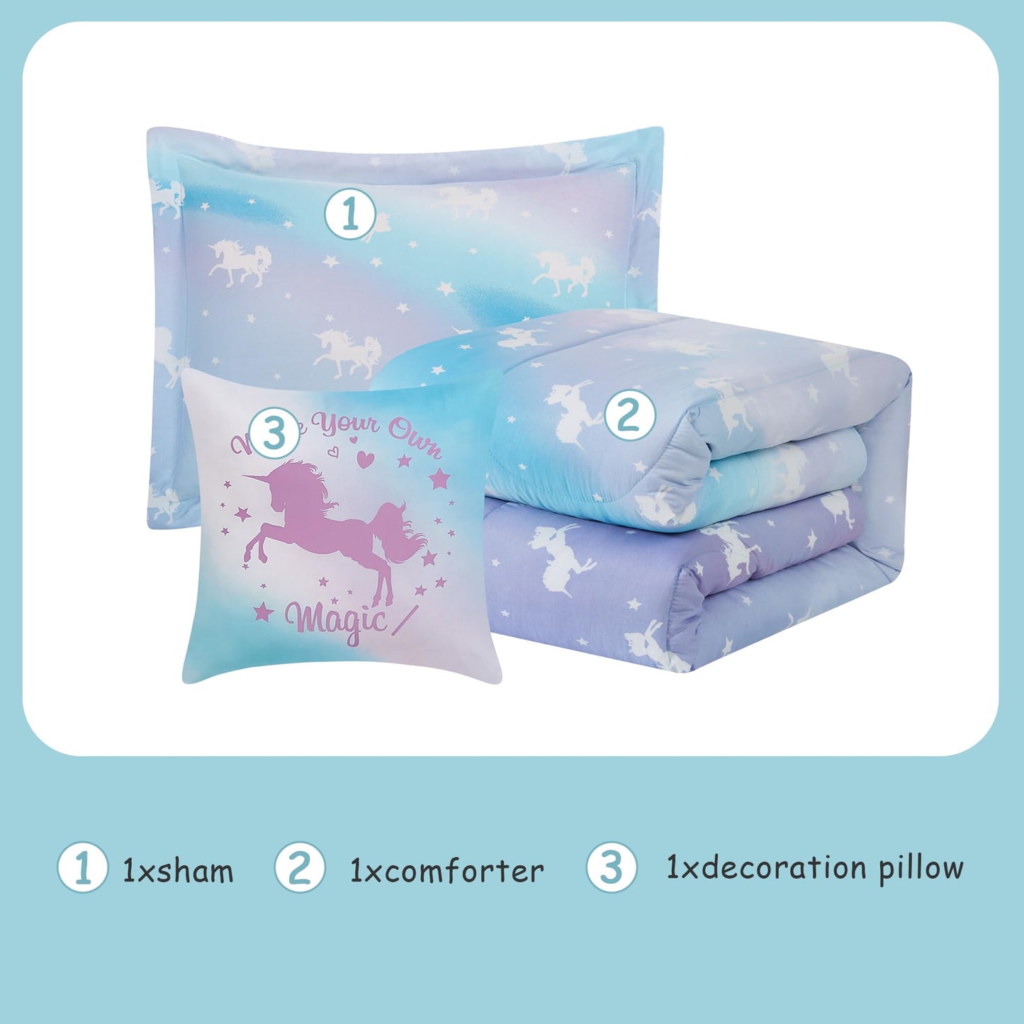Kaleido Space Twin Bedding Sets for Girls - 3 Pieces Glow in The Dark Unicorn Twin XL Comforter Sets for Girls 1 Comforter, 1 Decor Pillow, 1 Pillow Shams