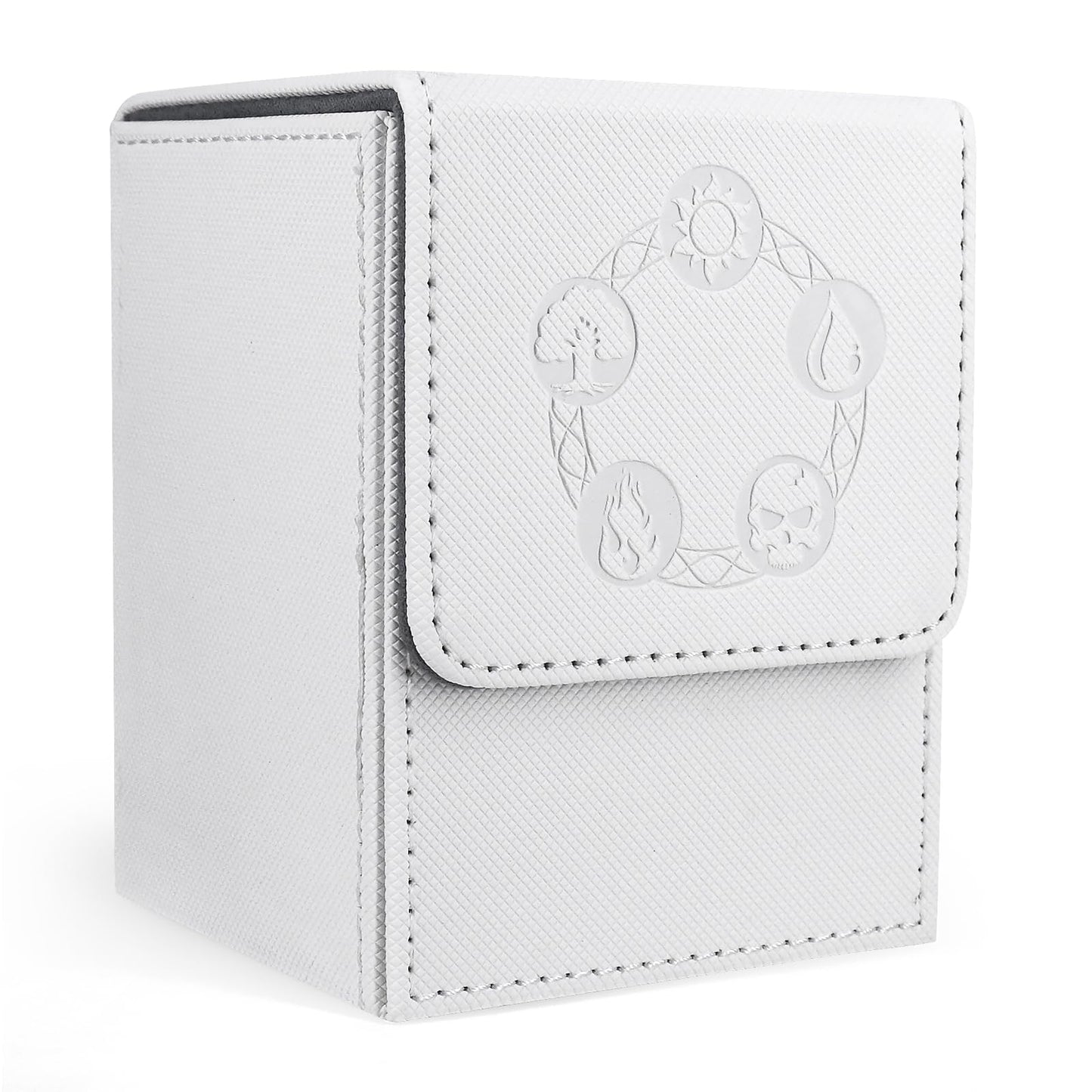 ZLCA Card Deck Box for Trading Cards with 2 Dividers, Card Storage Box Fits 100+ Single Sleeved Cards, PU Leather Strong Magnet Card Deck Case Holder for Magic Commander TCG CCG (White)