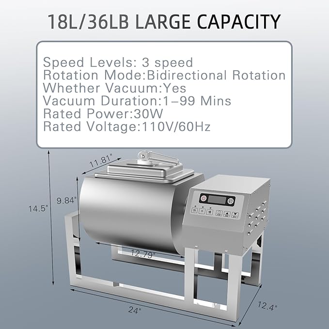 Hakka Meat Tumbler Marinator, 36lb/18L Vacuum Tumbler Marinating Machine for Jerky Sausage Bacon Stainless Steel Food-Grade Tumbling Marinator w/Bidirectional Rotation & 3-Speed Control