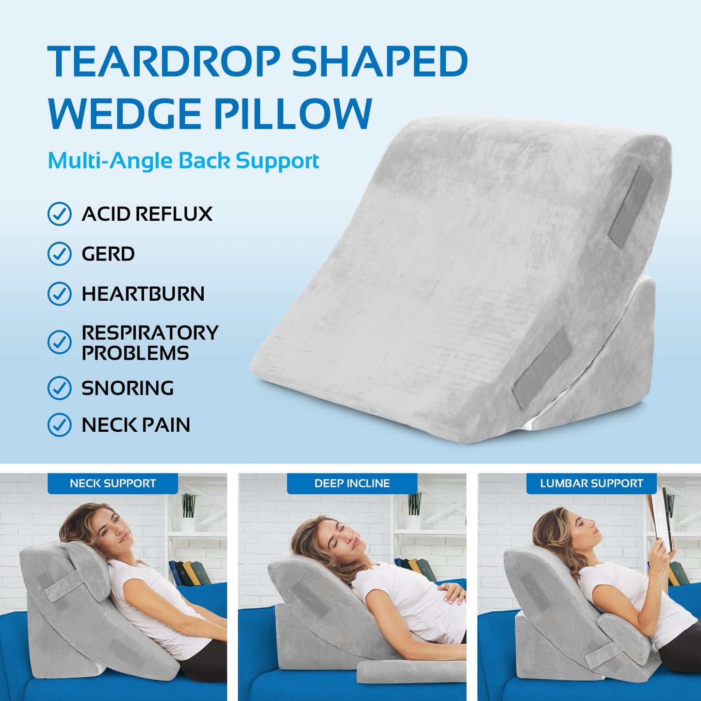 AllSett Health 4 PC Bed Wedge Pillows Set - Orthopedic Wedge Pillow for Sleeping with Memory Foam | Multi Angle Relief System for Back, Neck, Shoulder, and Leg - Machine Washable Cover