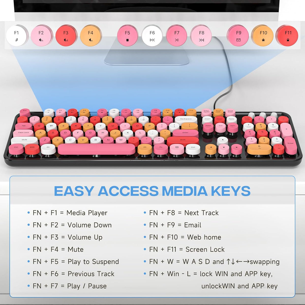 Dilter Wired Keyboard, 104 Keys Full-Sized Typewriter Keyboards, USB Plug and Play Office Keyboard with Number Pad, Caps Indicators for Windows 7 8 10, PC, Laptop, Desktop (Black Colorful)