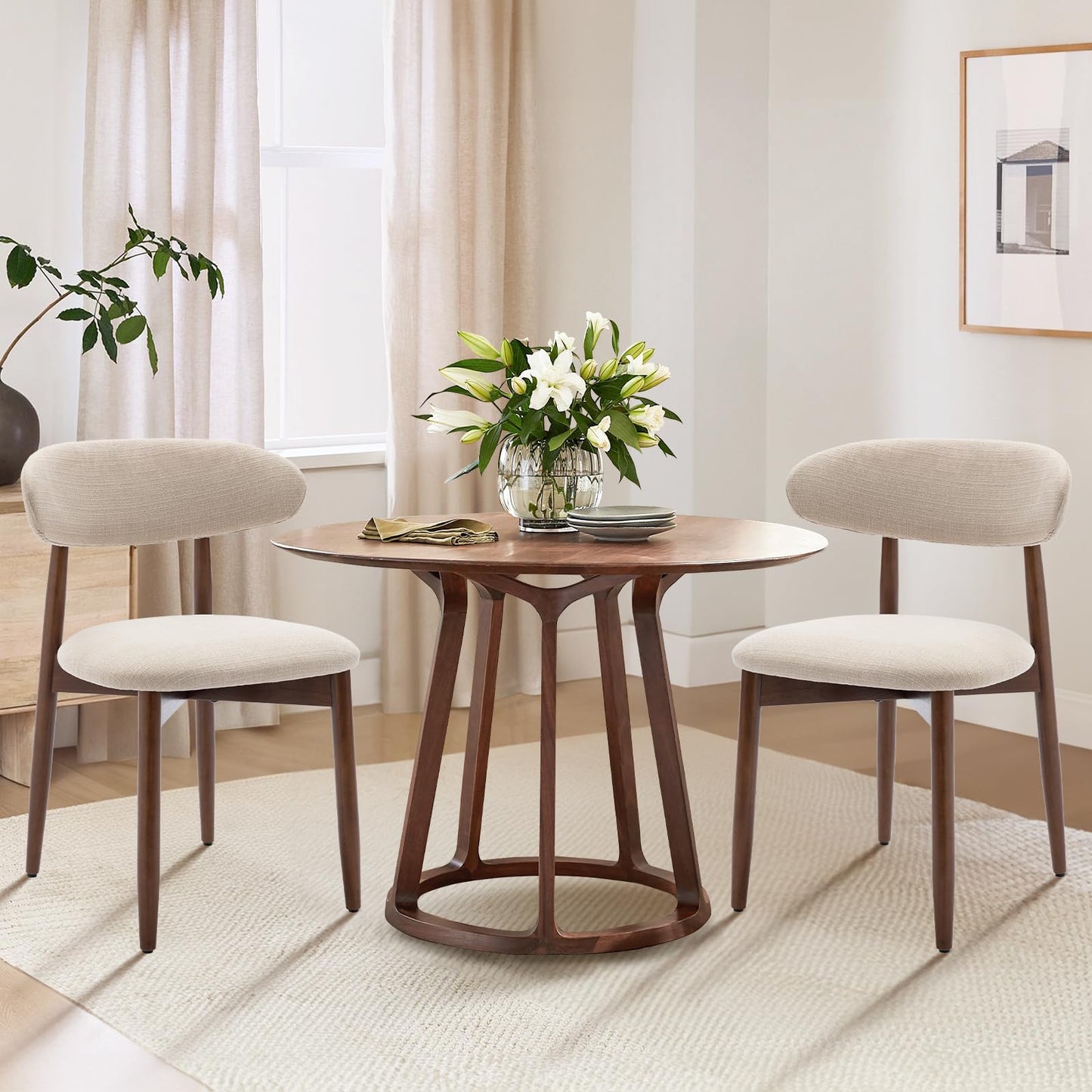 COLAMY Wooden Dining Chairs Set of 6, Modern Upholstered Fabric Dining Room Chair, Farmhouse Kitchen Side Chairs with Foot Pegs, Beige