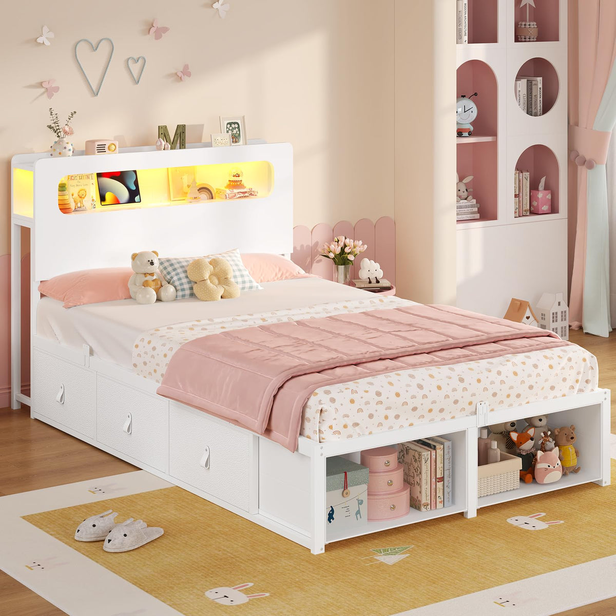 ADORNEVE Twin Bed Frame with 6 Storage Drawers & 2-Tier LED Headboard – Kids Girls Bed with Power Outlets & RGB Lights, 2 Footboard Cubbies– Space-Saving No Box Spring Neded, White