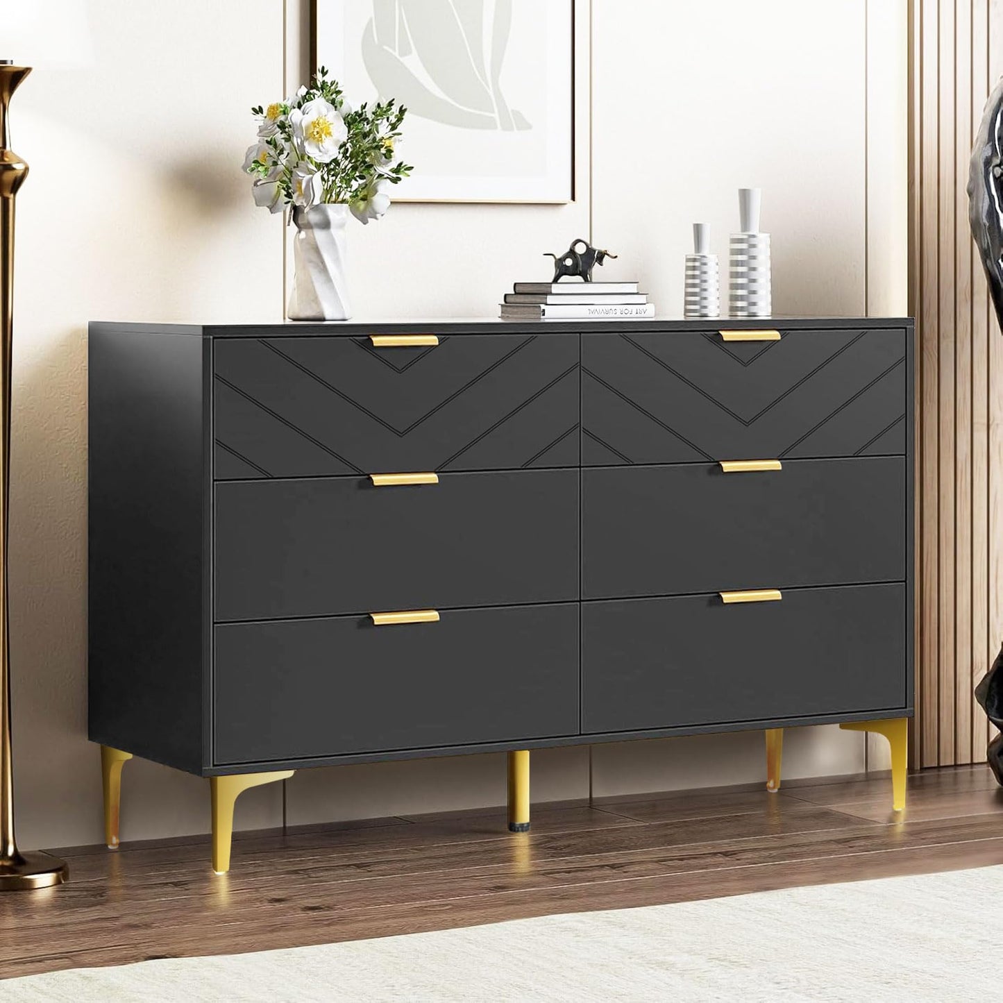 MAIYORIAT 6 Drawers Dresser for Bedroom, Modern Black Chest of Drawers Storage Chest Double Dresser Horizontal Dressers for Bedroom, Living Room, Entryway, Large Capacity (Black)