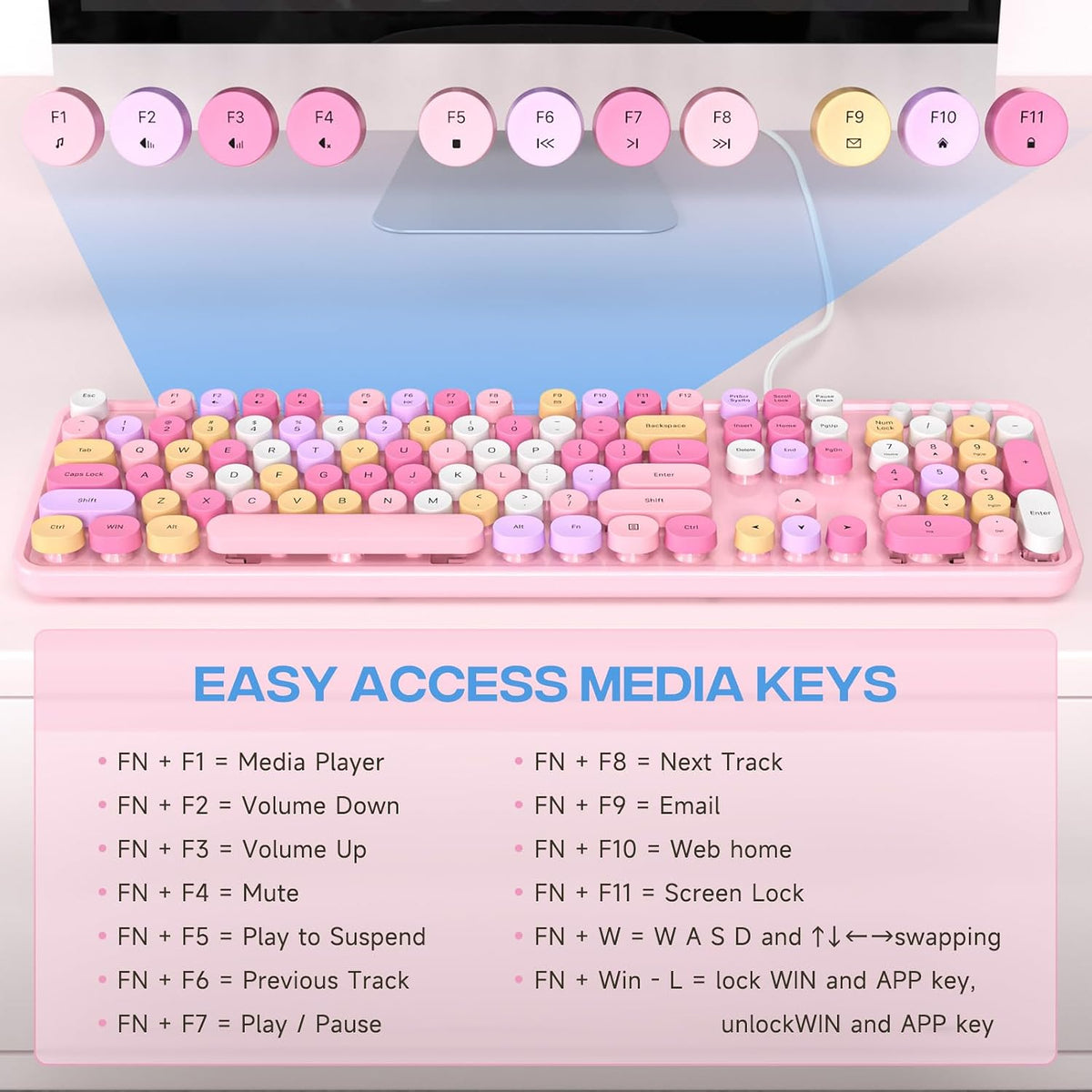 Dilter Wired Keyboard, 104 Keys Full-Sized Typewriter Keyboards, USB Plug and Play Office Keyboard with Number Pad, Caps Indicators, Foldable Stands for Windows, PC, Laptop (Pink Colorful)
