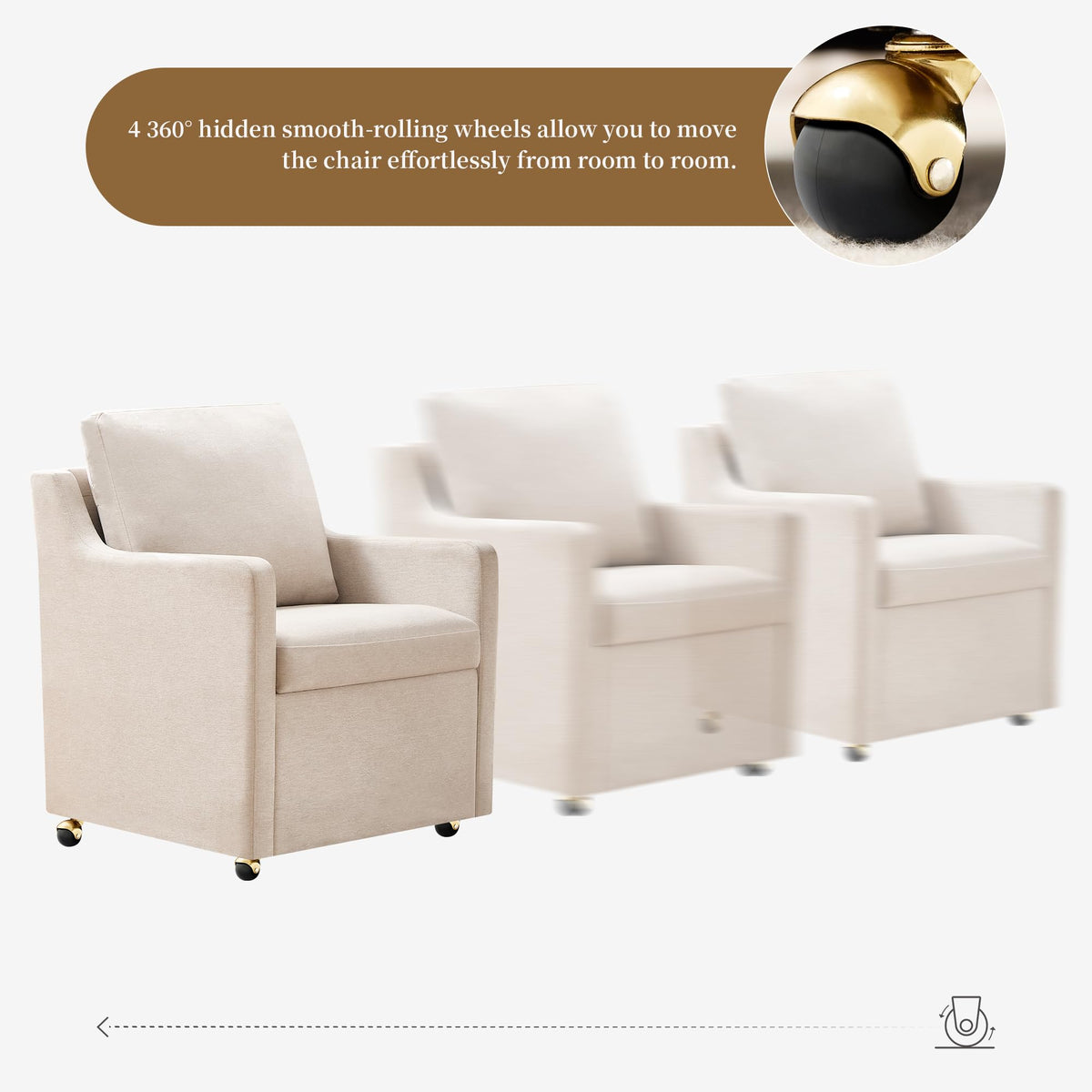 VIKAYAMICS Modern Dining Chair, Linen Upholstered Dining Chairs with Back Pillow and 4 Casters, Accent Armchair for Reading Room Living Room Bedroom