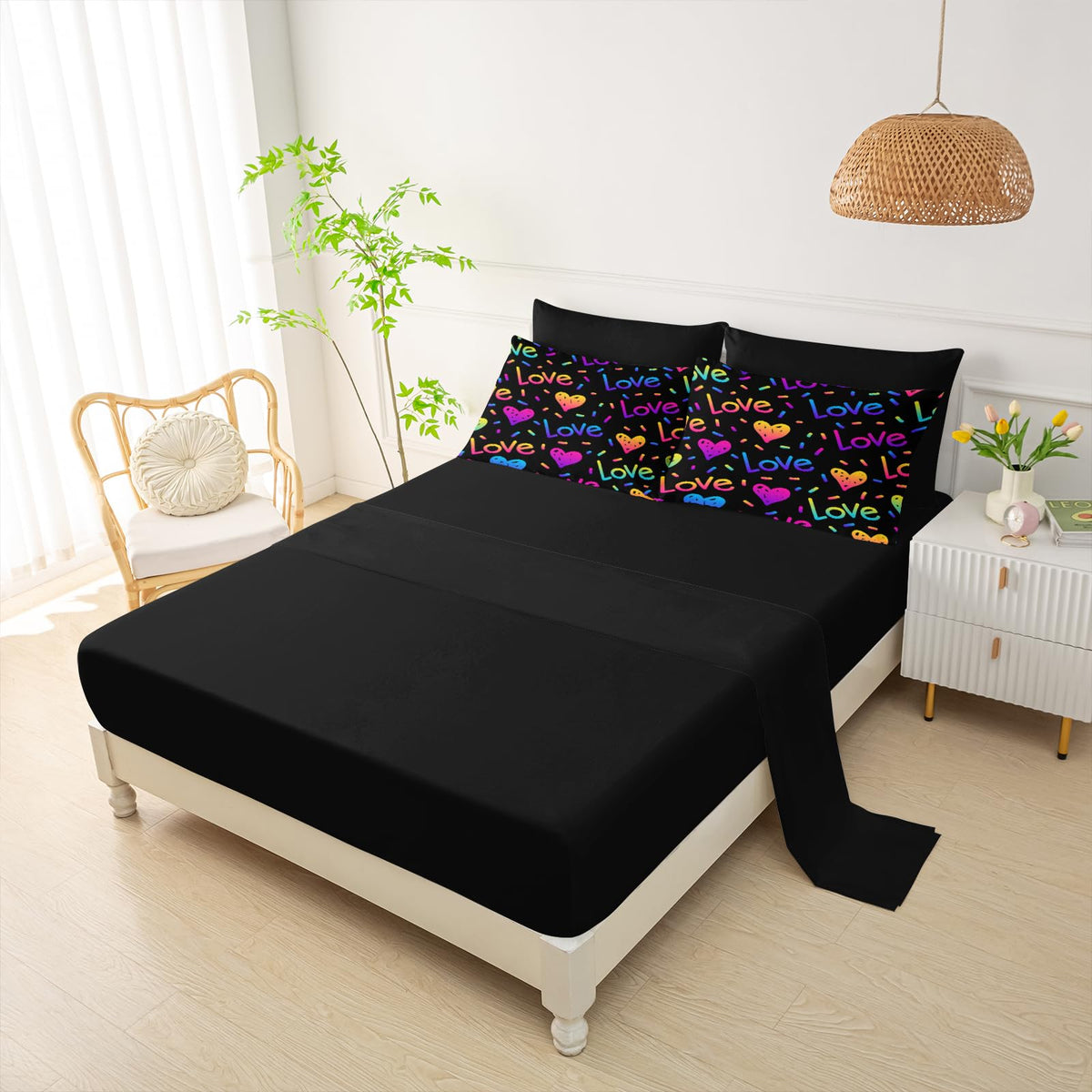QOOMO Kid Twin Comforter Set 7 Piece Colorful Love line Bedding Set for Boys Girls Super Soft Microfiber Bed in a Bag with Comforter Sheets Pillowcase Sham（Black）