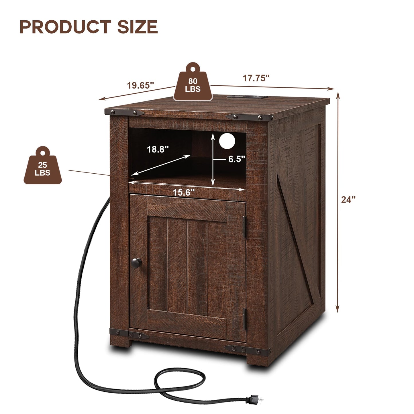 IFGET Nightstand with Charging Station, 20" Farmhouse End Table w/Groove Barn Door, Rustic Wood Sofa Side Bedside Table w/Open & Adjustable Shlef for Bedroom, Living Room, Brown