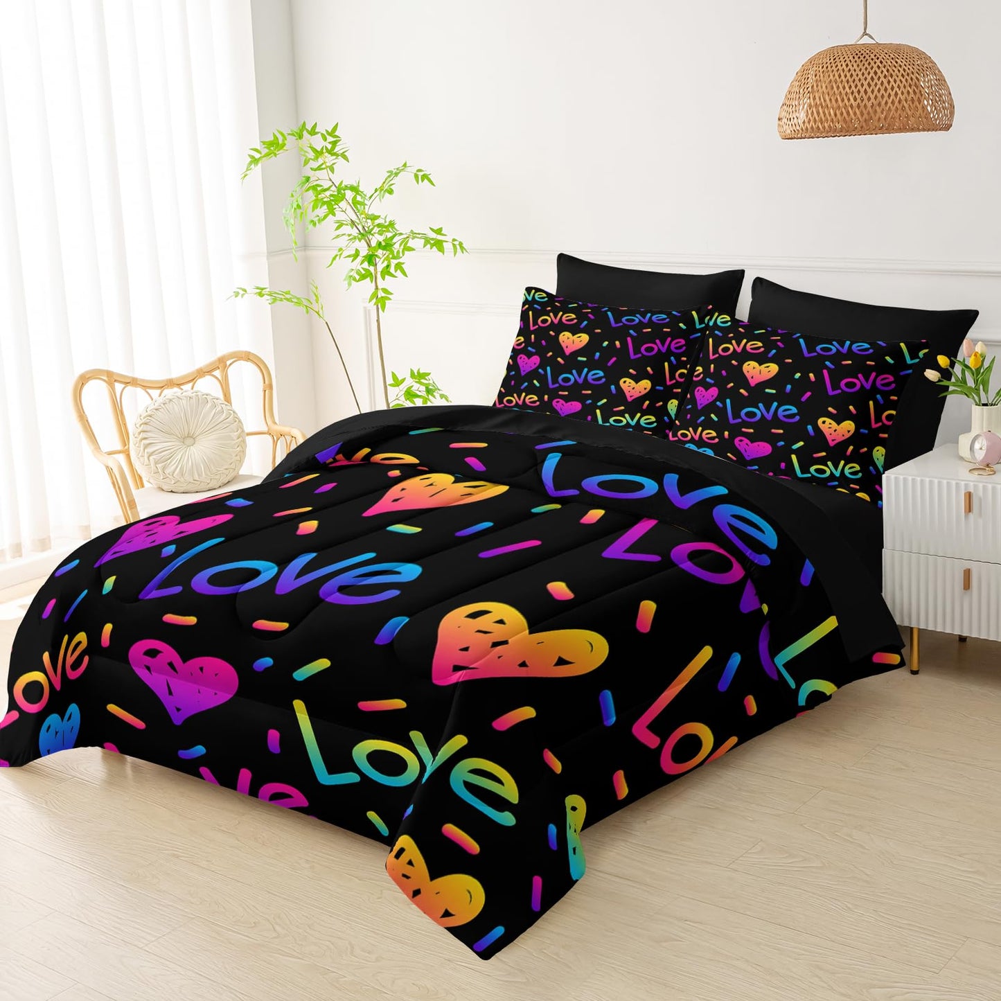 QOOMO Kid Twin Comforter Set 7 Piece Colorful Love line Bedding Set for Boys Girls Super Soft Microfiber Bed in a Bag with Comforter Sheets Pillowcase Sham（Black）