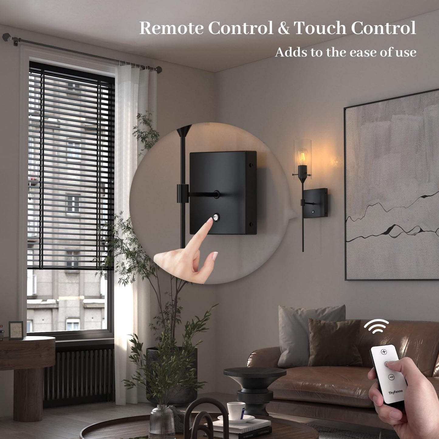 ThyFenno Battery Operated Wall Sconce with Remote Control, Dimmable Wall Lamp Set of 2 Rechargeable, Black Wireless Wall Mount Light for Living Room Bedroom Hallway Farmhouse, Bulb Included