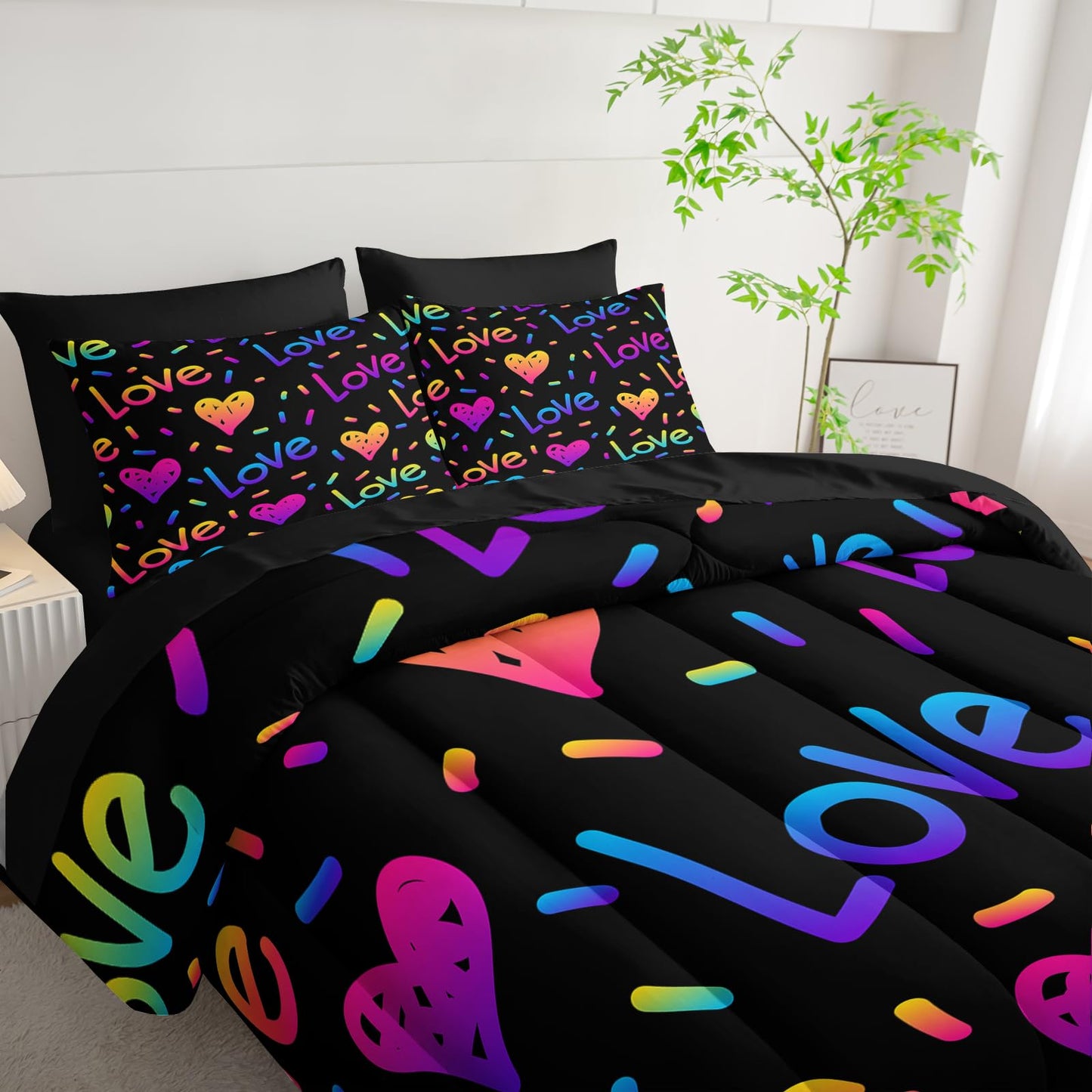 QOOMO Kid Twin Comforter Set 7 Piece Colorful Love line Bedding Set for Boys Girls Super Soft Microfiber Bed in a Bag with Comforter Sheets Pillowcase Sham（Black）