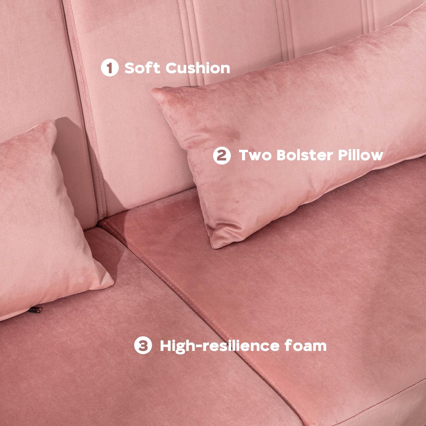 dannratch 70'' Futon Sofa Bed Velvet Convertible Sleeper Sofa Tufted Couch Bed with Adjustable Armrests and Backrest, Modern Loveseat Sleeper Bed with 2 Bolster Pillows for Living Room, Bedroom,Pink