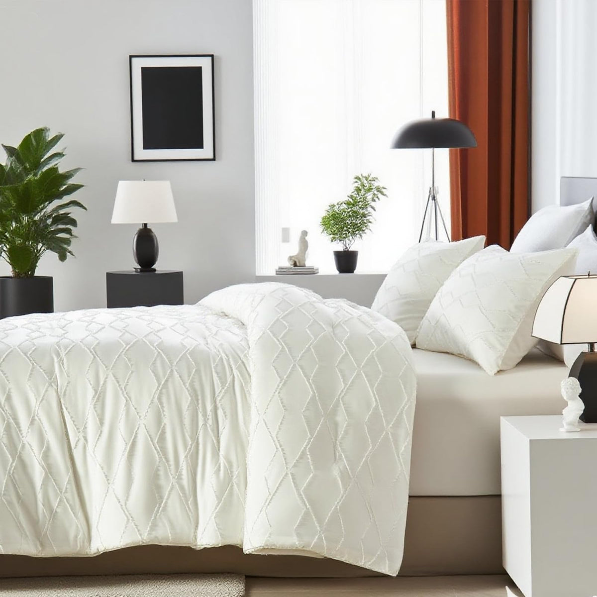 Ellewins King Size Comforter Set 3 Pieces White Tufted Boho Farmhouse Bedding Comforter Sets,Checkered Comforter King Size,Soft Microfiber Comforter Bed Set for All Season(White,102”x90”)