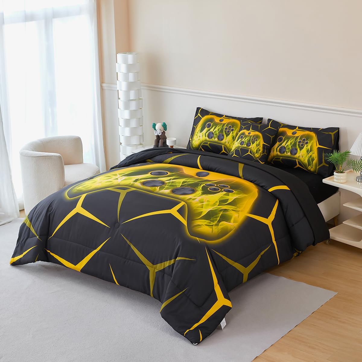 ZSYAYAHA Twin Comforter Set Black Boys Bed Set Geometric Gaming Bedding Set for Kids 6 Pieces Bed in A Bag Set Soft Yellow Game Action Buttons Bedding Set for All Season(Yellow, Twin)