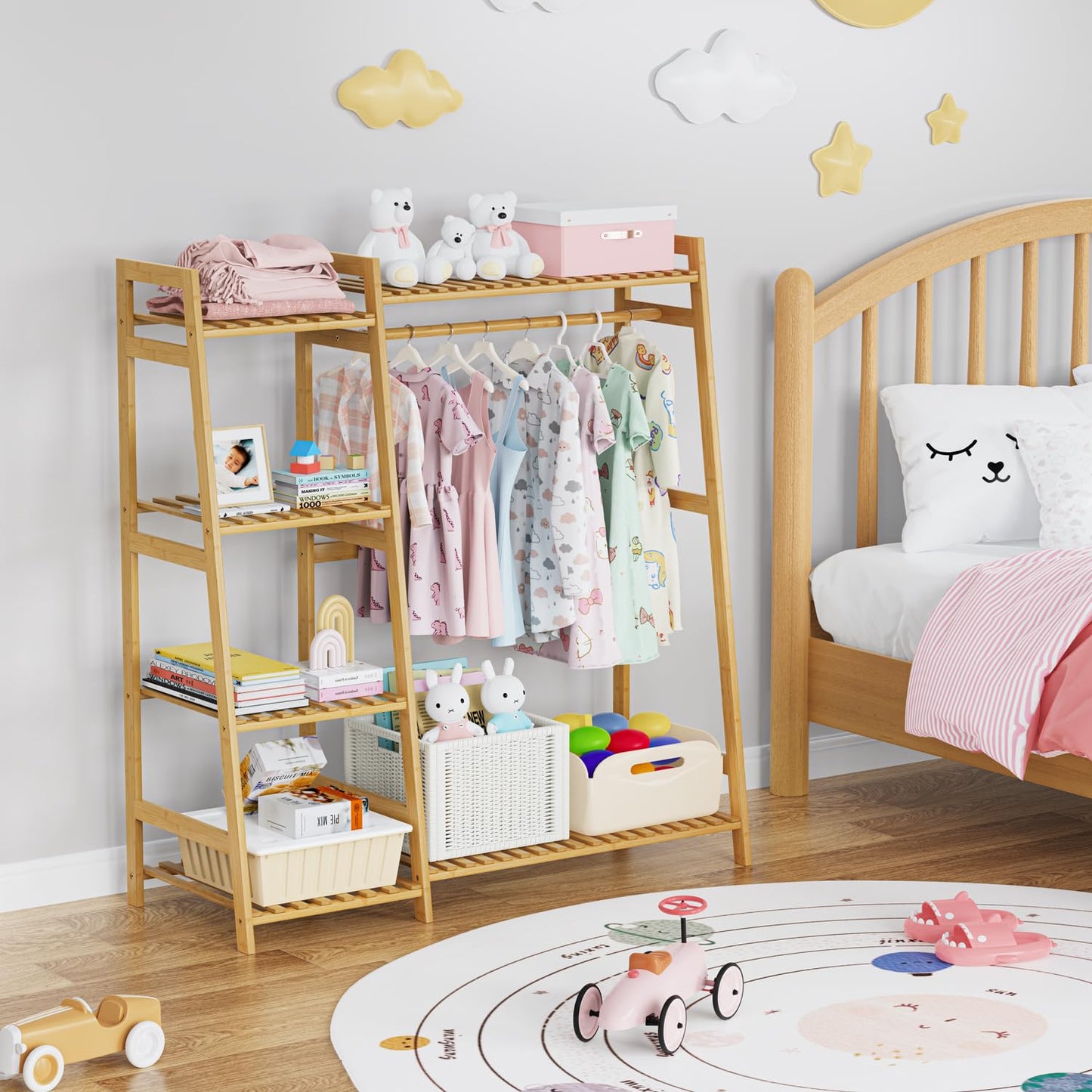 BAMBOOHOMIE Kids Clothing Rack with Shelves, Bamboo Clothes Garment Rack for Kids Child Baby, Kids Dress Up Storage Rack with Top Shelf, Toddlers Wardrobe Closet for Nursery (Medium Size)