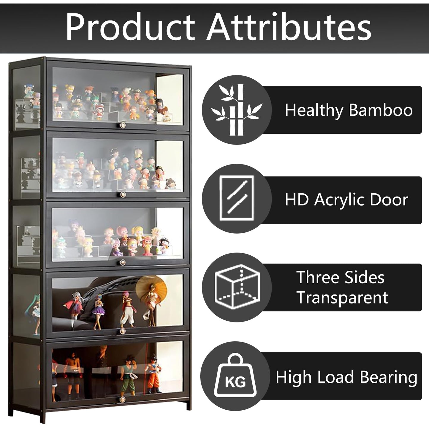 QOEUDD Curio Display Cabinet with Acrylic Glass Door, 5-Tier Display Case, Curio Cabinet & Bookcase for Collectibles, Display Shelf for Home, Reading Nook, Playroom, Living Room