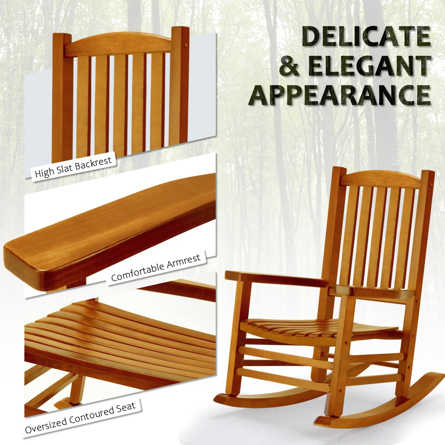 Hupmad Wooden Oversized Porch Rocker Chair with High Back and Armrest, All Weather Slatted Rocker for Backyard, Garden, 400 lbs Support, Natural