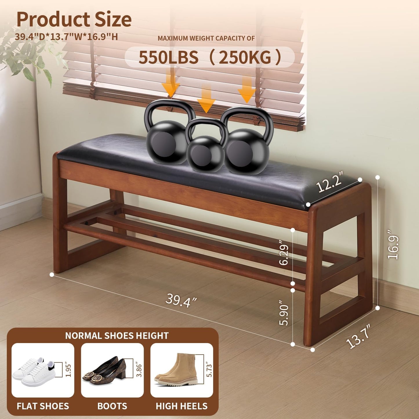 Jimenuco Solid Wood Shoe Rack for Entryway, 40" Shoe Storage Bench with Cushion, PU Upholstered 2-Tier Shoe Bench, Flip-Open Storage Compartment, Ideal for entryways, Closets, or mudrooms