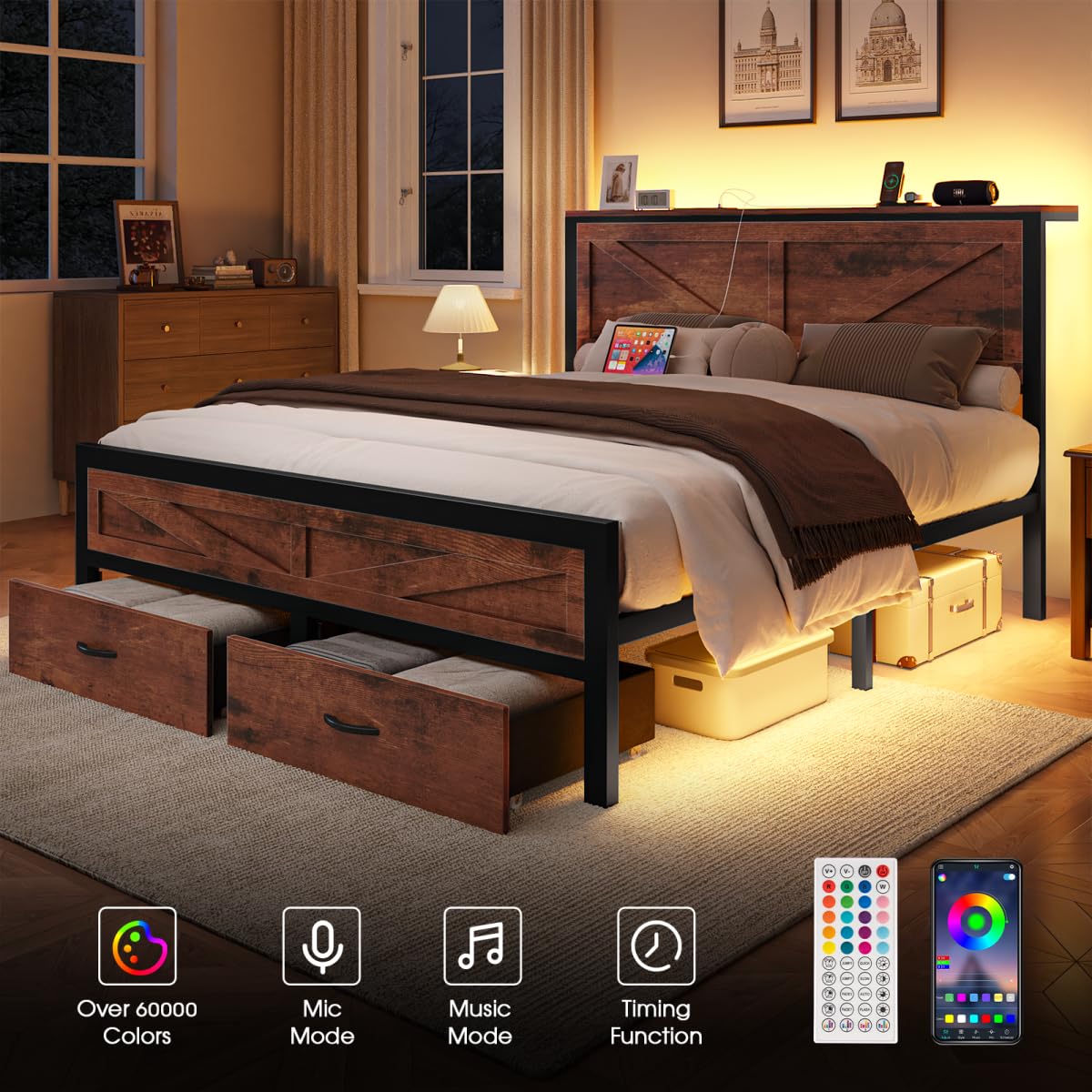 Siihnon Rustic King Size Bed Frame with Storage Drawers and Barn Door Headboard, Farmhouse LED King Bed Frame with Charging Station, Metal Industrial Platform Bed Frames, No Box Spring Needed, Brown