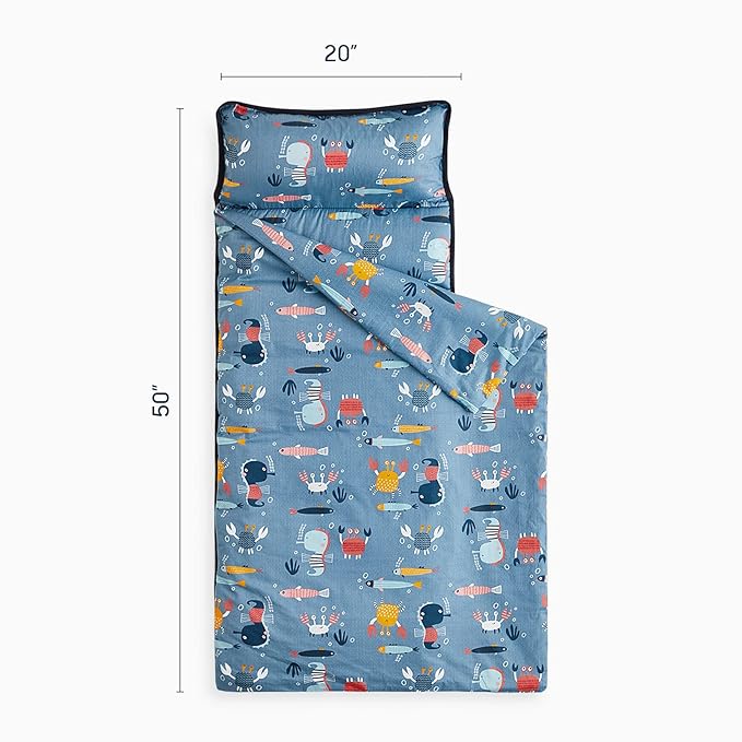 Wake In Cloud - Toddler Nap Mat with Pillow and Blanket, 100% Cotton Fabric, for Kids Boys Girls in Daycare Kindergarten Preschool, Roll Up Sleeping Bag, Blue Sea World, Standard