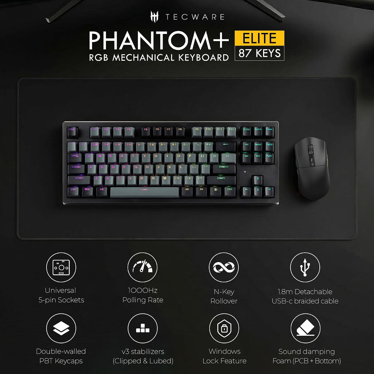 TECWARE Phantom+ Elite 87 Key RGB Mechanical Gaming Keyboard | 3 Mode Wireless Bluetooth 5.0 2.4GHz & USB C Wired | Hot Swappable 5 Pin | Double Shot PBT Keycaps | Wraith Pink Switch - Black