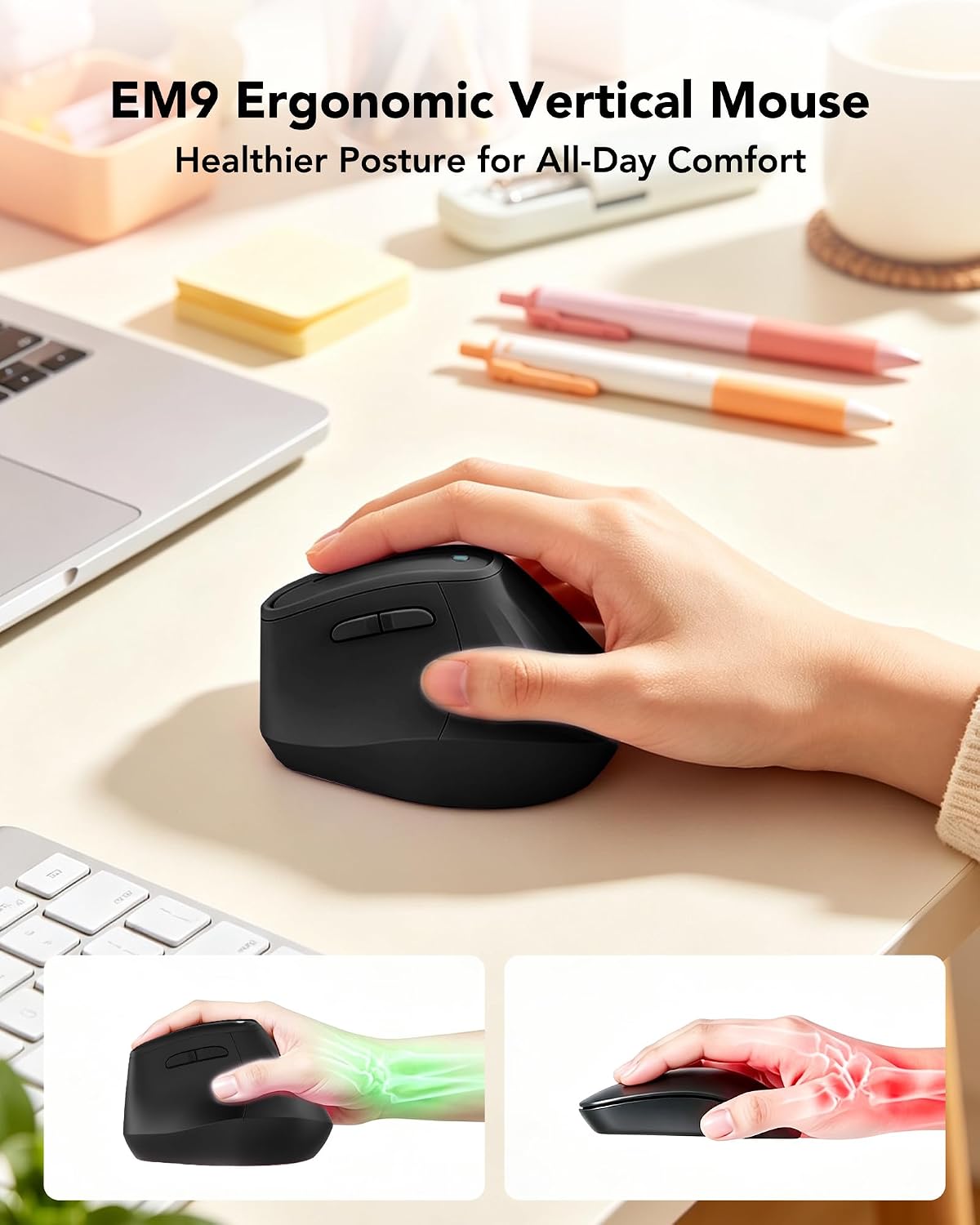 KYSONA Ergonomic Mouse Wireless, Bluetooth Vertical Mouse, 5-Level Adjustable DPI, 2.4G Silent Switch Mice for Windows, MacOS, IPadOS, Laptop, PC, Black