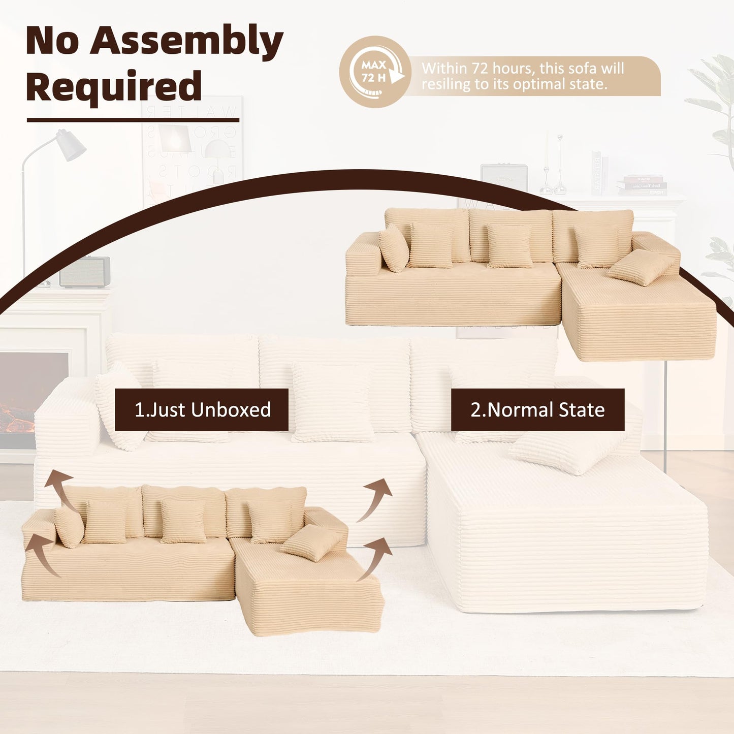 Afuson 107" Boneless Couch with Deep Seat, Modular Sectional Sofa, Cloud Sectional Couch for Living Room, No Assembly Required, Corduroy, L-Shape Right，White