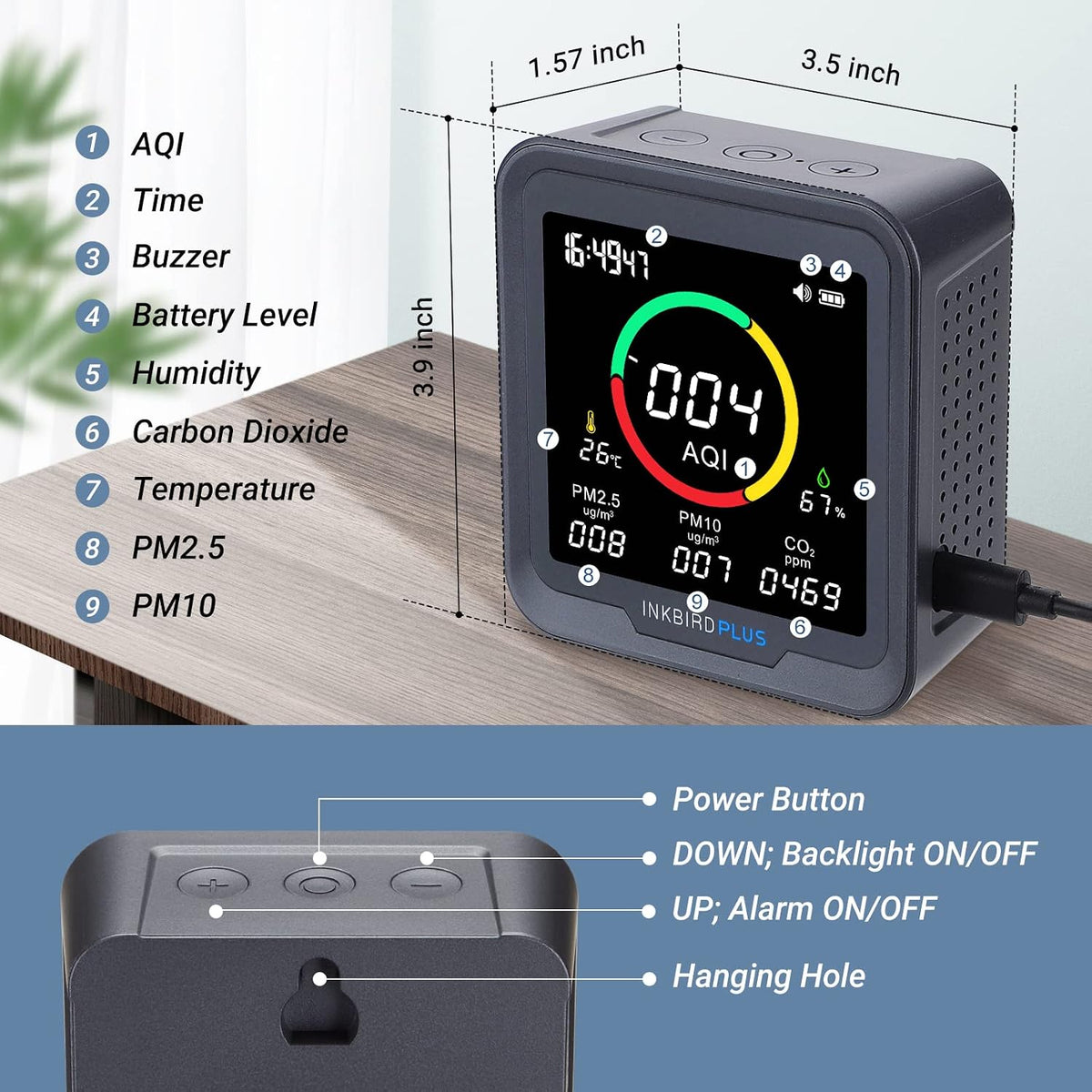 INKBIRDPLUS 6-in-1 Indoor Air Quality Monitor, CO2 Monitor in Home, Room