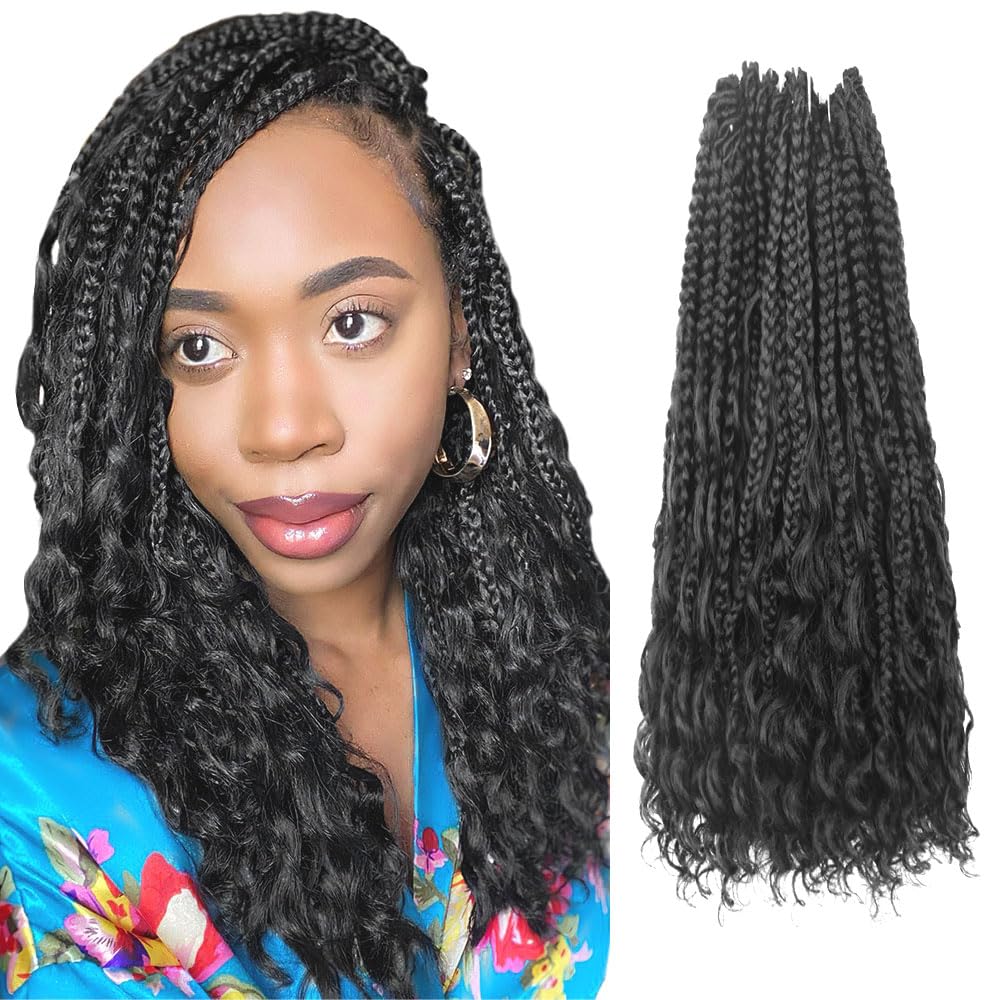 Niseyo Goddess Box Braids Crochet Hair 16 Inch 8 Packs Short Crochet Box Braids Pre Looped Curly Ends Boho Style Synthetic Hair (2#/Off Black)