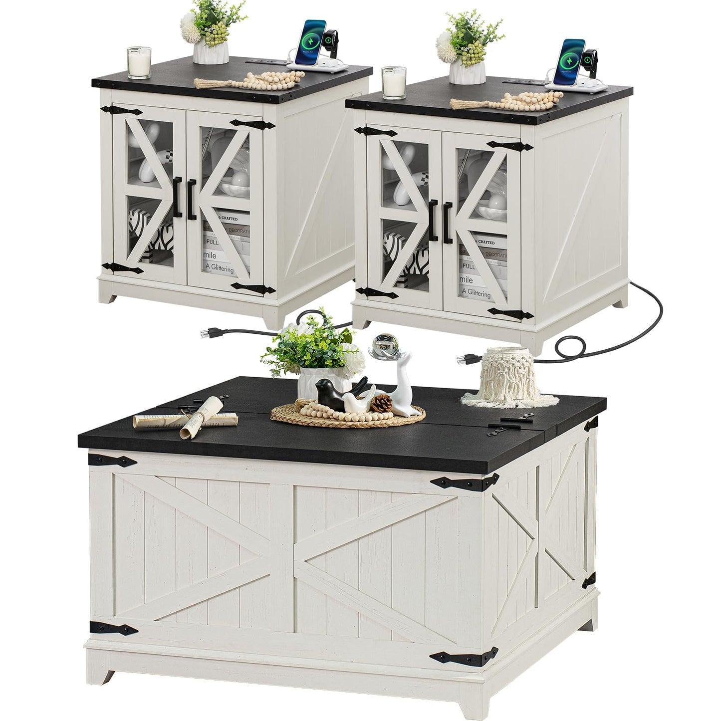 Farmhouse Coffee Table Sets 3 Pieces, Large End Side Tables with Charging Station and Coffee Table with Hidden Storage Compartment, White Living Room Table Set, Wood Furniture Sets for Home Office