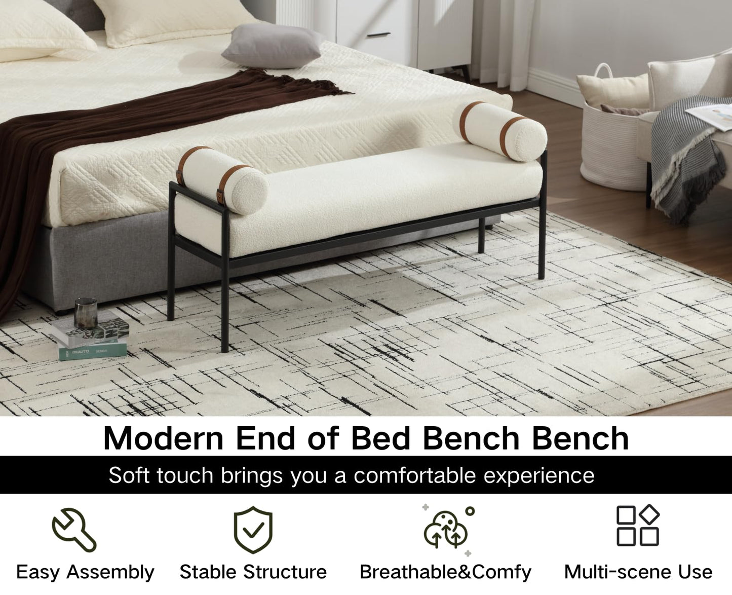 Shunzhi White Sherpa Modern End of Bed Bench Upholstered Entryway Bench with Detachable Cylindrical Pillows/Metal Legs Boucle Ottoman Bench for Living Room/Bedroom/Hallway/Corner, 55Inch