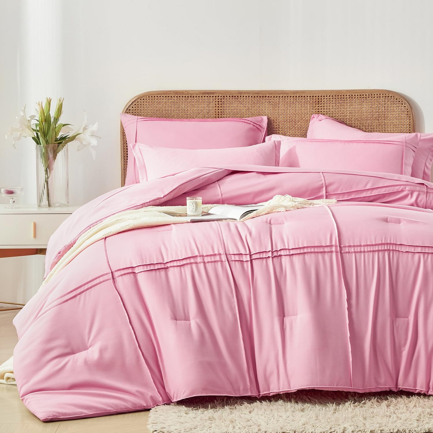 Yogeneg Full Size Comforter Set 7 Piece Bed in a Bag,Grid Pinch Pleat Pink Bedding Set,Striped Textured Soft Microfiber Comforter with Sheet Set,All Season Complete Bed Set(Pink,Full)
