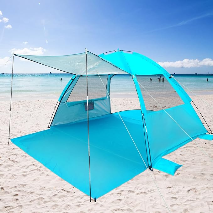 DLUCKY Beach Tent for 1/2/3/4/5/6 Person,Anti-UV Portable Sun Shade ShelterUPF 50+,Both Sides Extendable Floor,Extendable Awning,with 2 Ventilating Mesh Windows,Lightweight & Easy Setup.