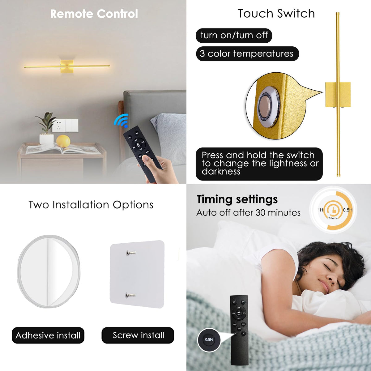 LED Wireless Wall Sconce with Remote Control (Set of Two), USB Rechargeable Battery Powered Indoor Wall Lamps, Dimmable, 360° Rotate,Timing, 28.3 inch Gold Wall Lights for Hallway/Living Room/Bedroom