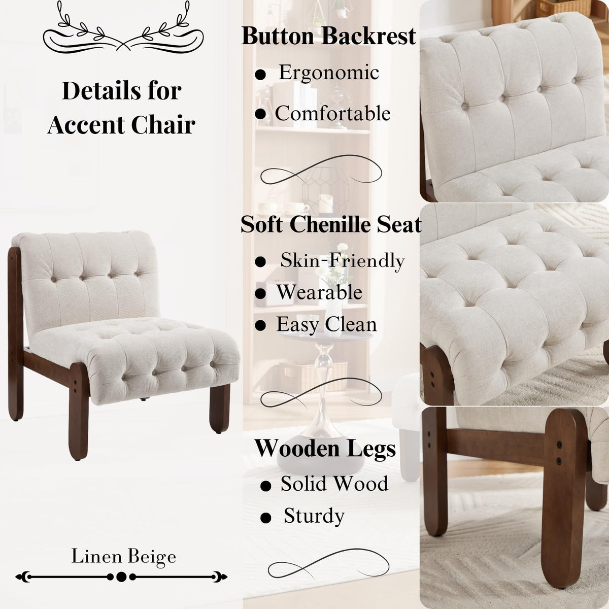 HEAH-YO Living Room Accent Chair Set of 1,Modern Armless Chair for Bedroom with Button Tufted Back and Wood Legs,Upholstered Comfy Reading Chair for Makeup Vanity Office Cafe,Chenille Beige