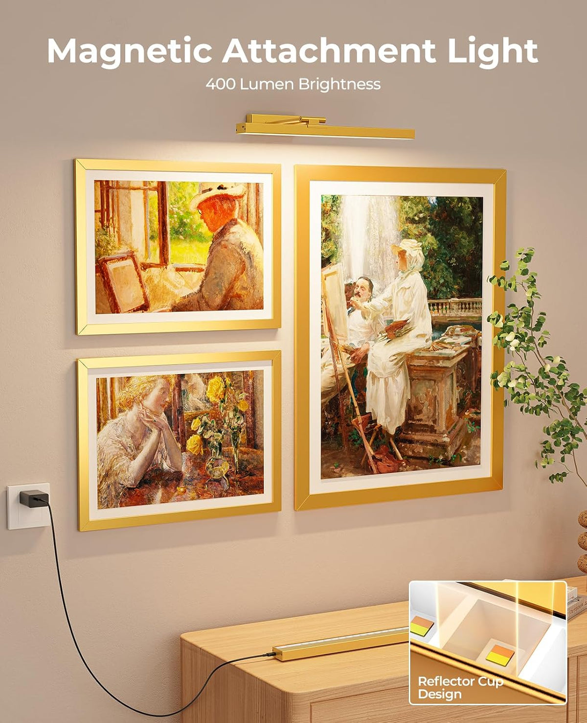 PESUTEN Picture Light for Wall, 16in Battery Wall Sconce Art Light CCT Dimmable Magnetic Battery Lights for Painting with Remote Control for Gallery Artwork Living Room Portraits Hallway 2PCS Gold