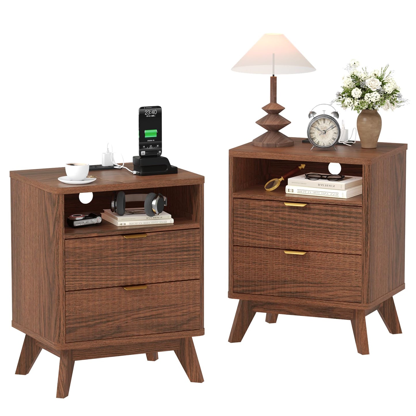 Fluted Nightstand Set of 2, Wood Night Stands with USB Ports and Outlets, 2 Drawers and Open Shelf Bedside Tables, End Table with Solid Wood Feet for Living Room Bedroom Office,Walnut Wood Color