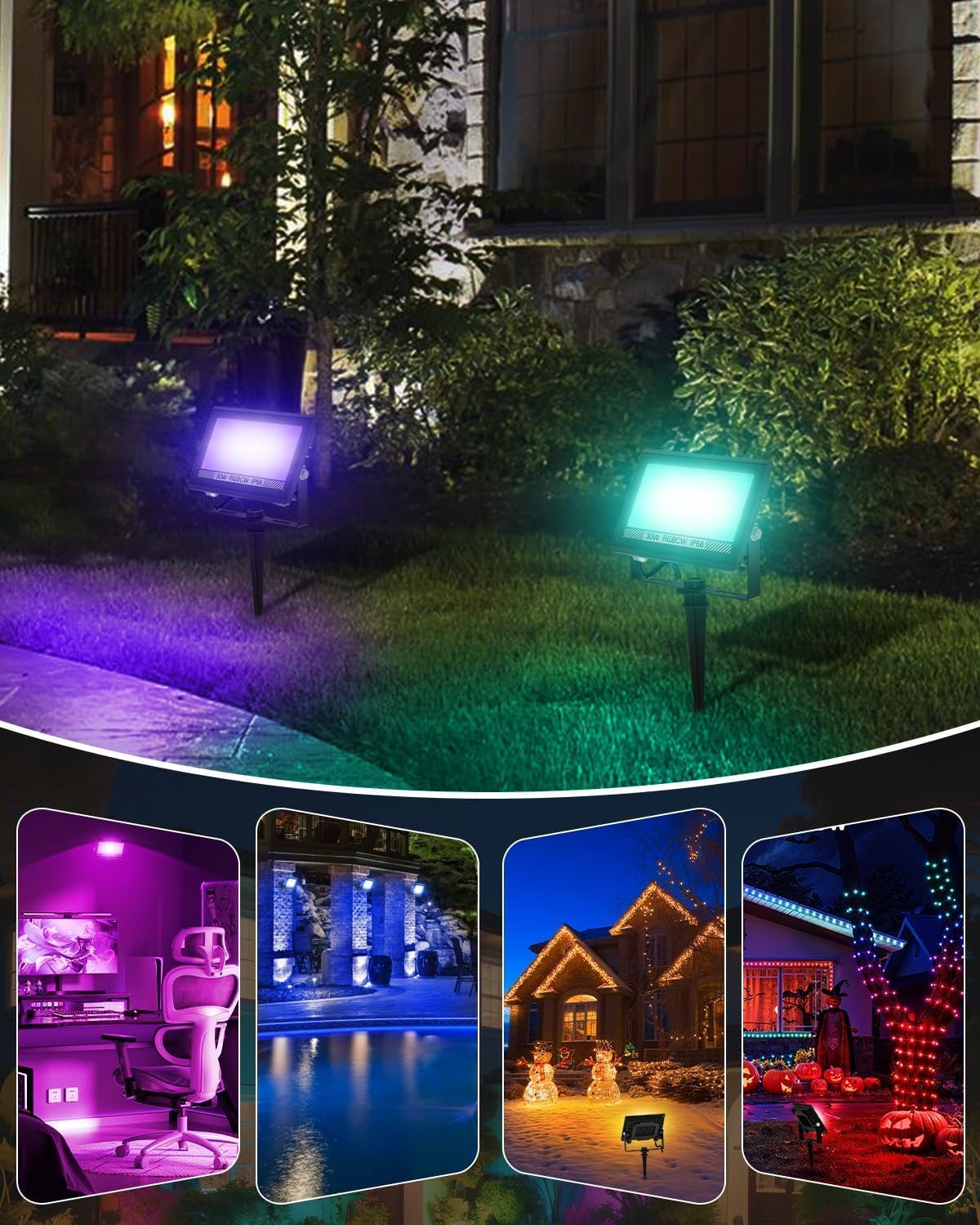 T-SUN 4 Pack Christmas LED Flood Light, 30W RGBCW Outdoor Smart Lights