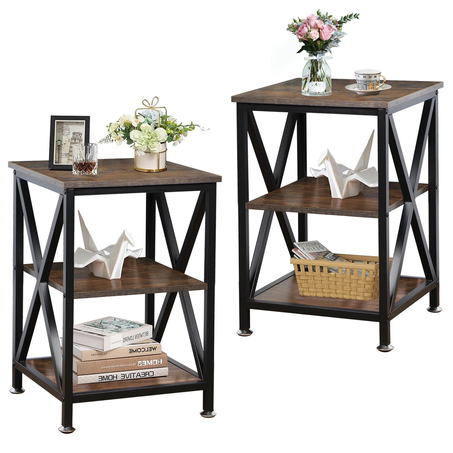 End Tables Living Room Set of 2, 16" D x 16" W x 24" H, Indoor End Tables Living Room with Storage Shelf, Square End Table Set of 2, X-Shaped Night Stands for Bedroom, Farmhouse Wood Side Tables