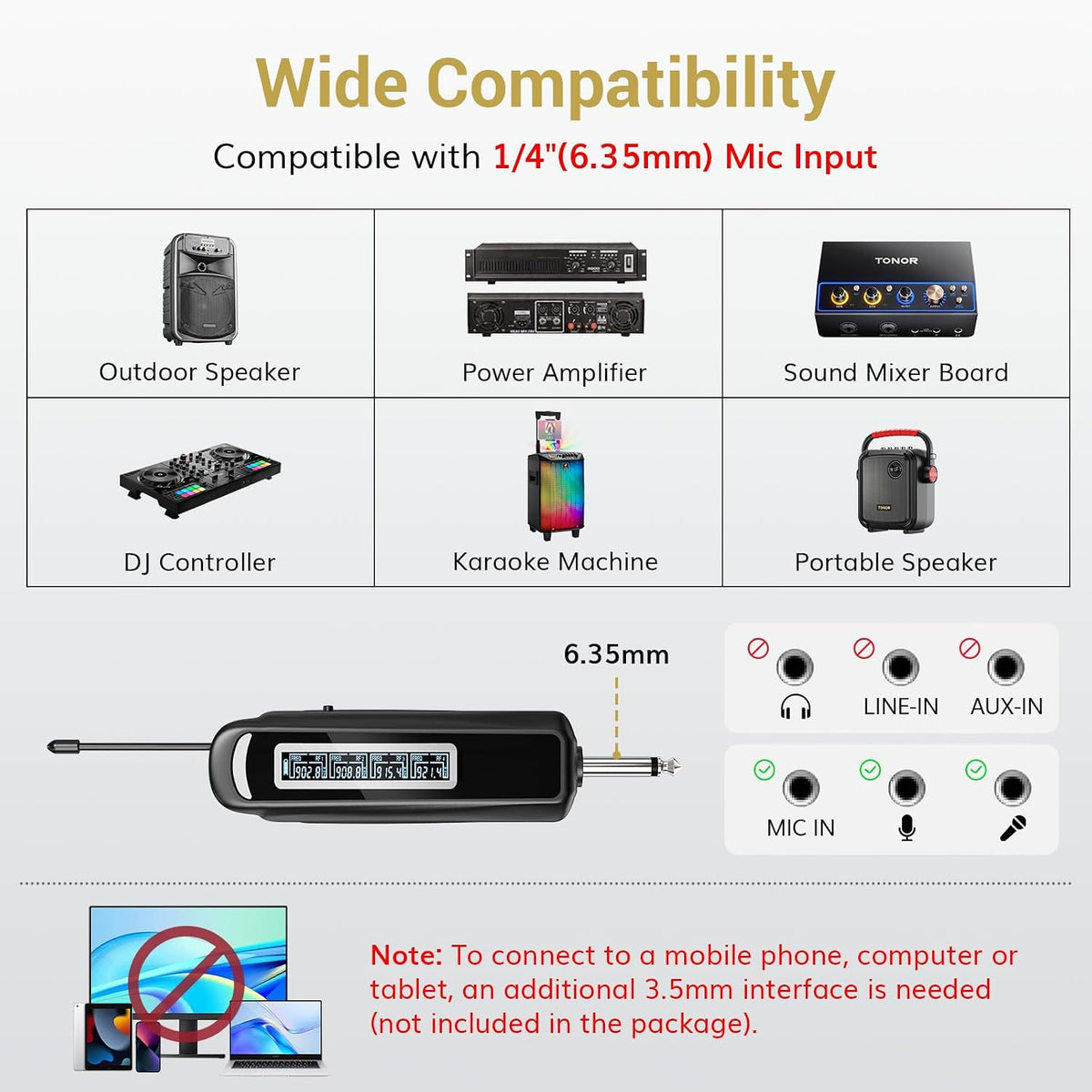 TONOR Wireless Microphones, 4 UHF Karaoke Microphone System, Microfonos Inalambricos with Rechargeable Receiver, Cordless Dynamic Mics Set for Singing, Wedding, Party, 60 m/200ft TW361, 4 Mics Grey