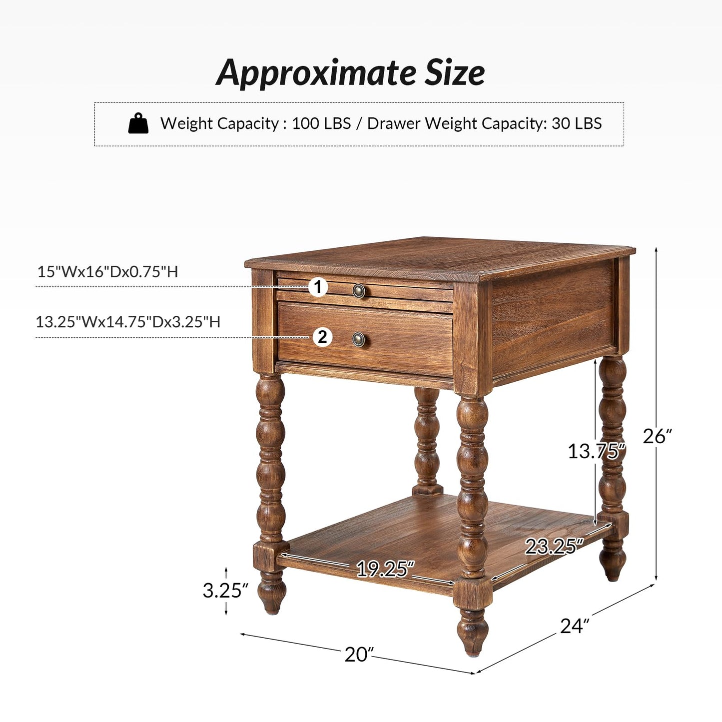 HULALA HOME Spindle Nightstands with Charging Station, Solid Wood Nightstand with Drawer Shelf, Side Table with Pull-Out Shelf (Walnut)