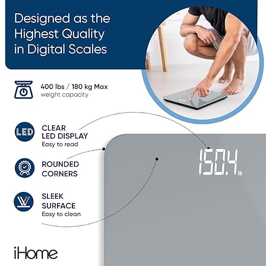 iHome Digital Scale, Bathroom Scale, Batteries Included, Scale Body Weight, Weight Scale, Digital Scale, Bathroom Scales for Weight, Digital Scales for Body Weight, Weight Scales Bathroom (Grey)