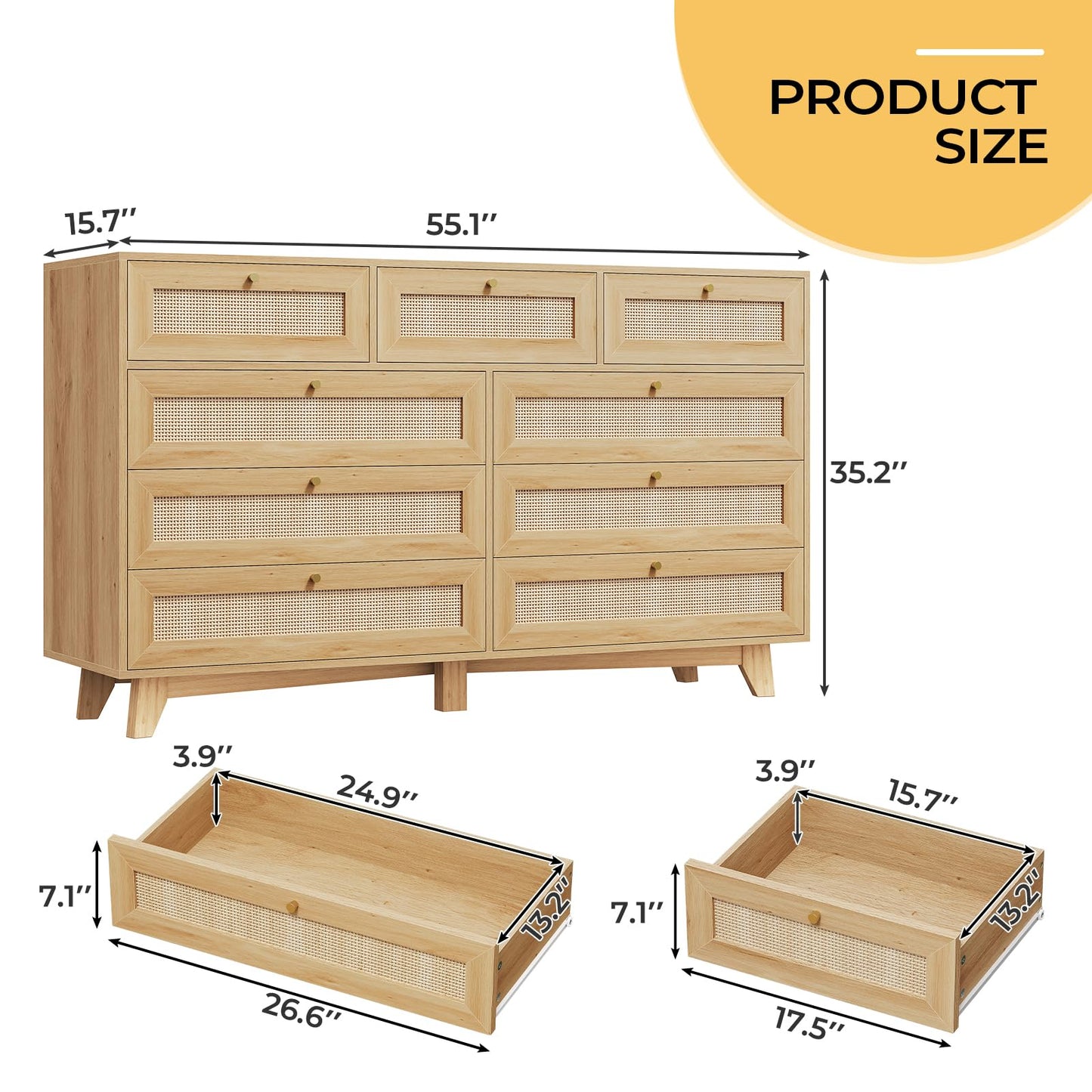 AOGLLATI Rattan Dresser for Bedroom with 9 Drawer, Modern Wooden Long Bedroom Dresser, Chest of Drawers with Metal Handle & Solid Wood Legs for Bedroom/Living Room, Wood