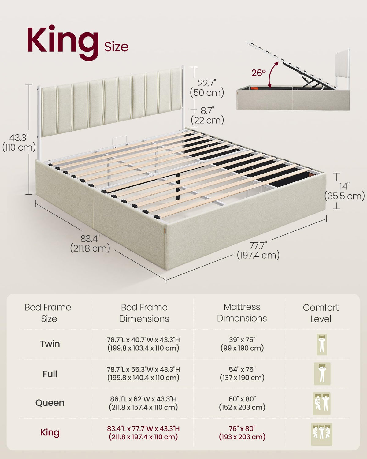 VASAGLE Lift Up Storage Bed Frame King Size, Hydraulic Platform Bed, with Upholstered Headboard, 1100 lb Weight Capacity, No Box Spring Needed, Easy Assembly, Modern, Cappuccino Beige URMB604W01V1