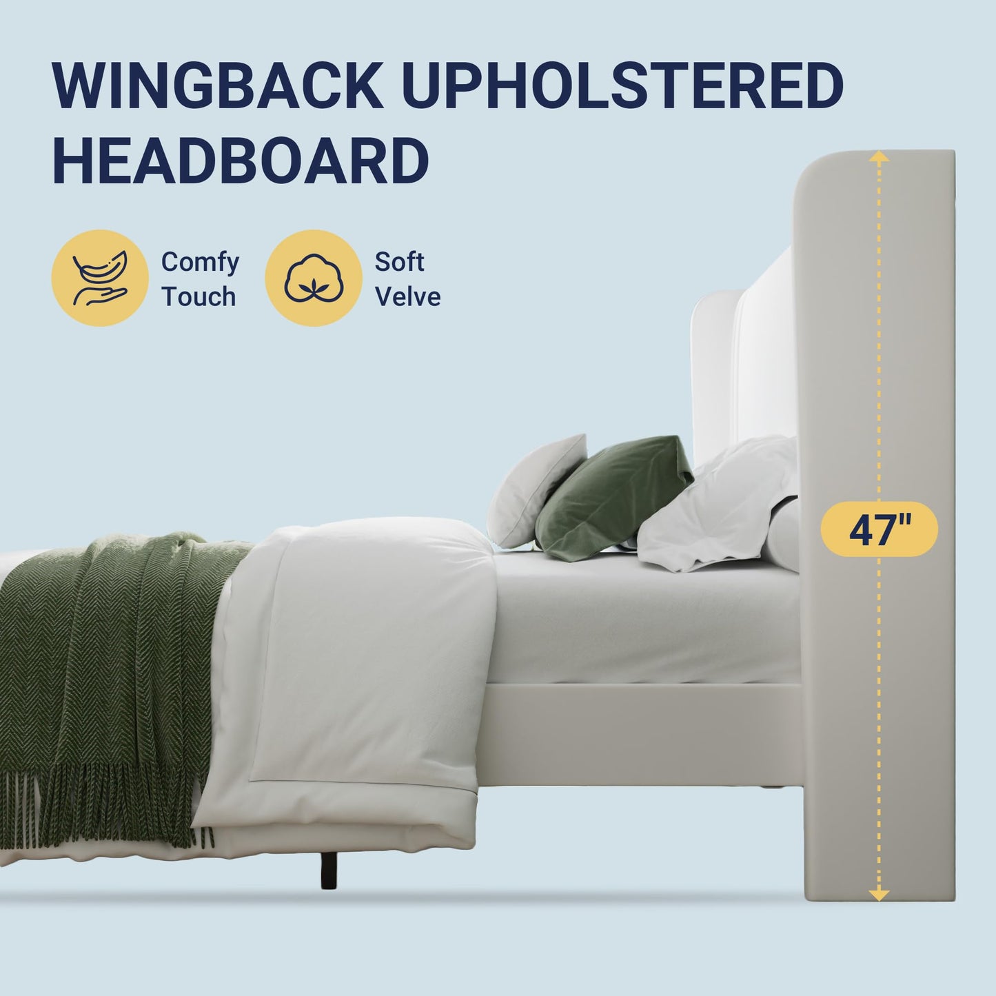 Allewie King Size Velvet Platform Bed Frame with Vertical Tufted Wingback Headboard, Easy Assembly, Under Bed Storage, No Box Spring Required, Modern Style, White