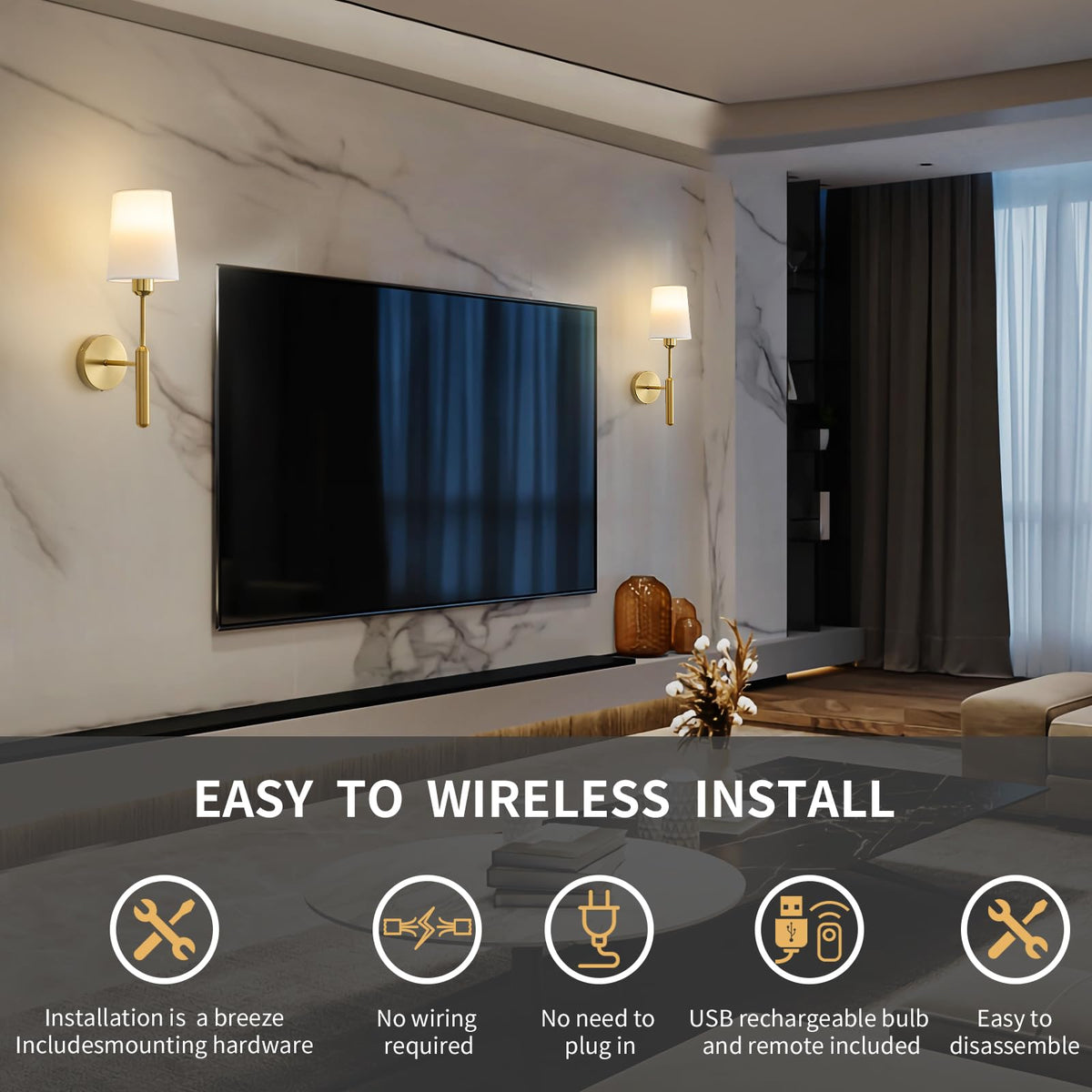 Powfloven Gold Wireless Battery Operated Wall Sconce Set of 2, Cordless Battery Powered Wall Lights with Remote, Dimmable Rechargeable Wall Lamp Decor in Door for Bedroom Living Room, 5000mAH