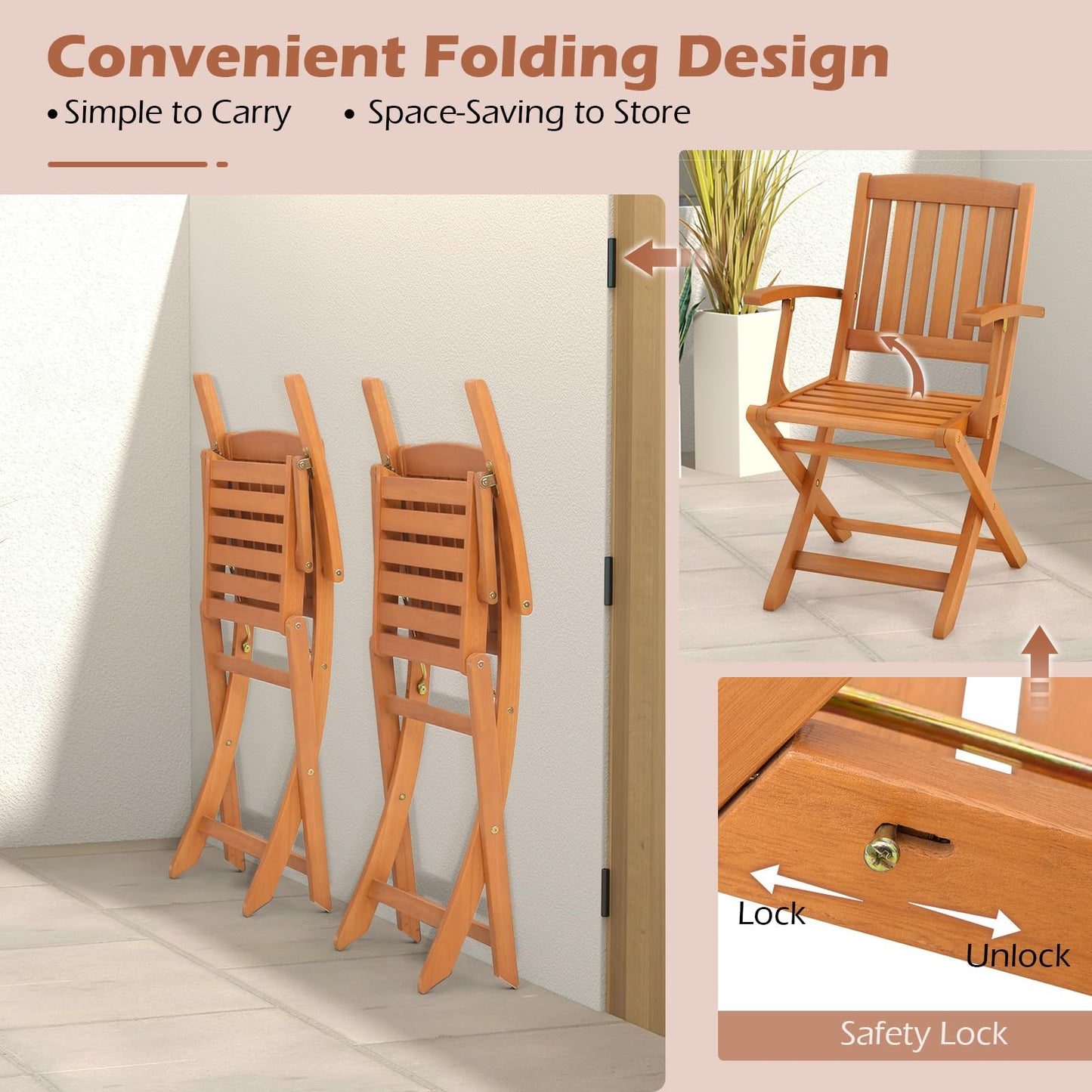 Tangkula Patio Wood Folding Chair Set of 4, Outdoor Eucalyptus Wood Dining Chairs w/Armrests & Slatted Seat, for Backyard, Porch, Poolside, Lawn, Garden, Load up to 400 LBS (2, Natural)