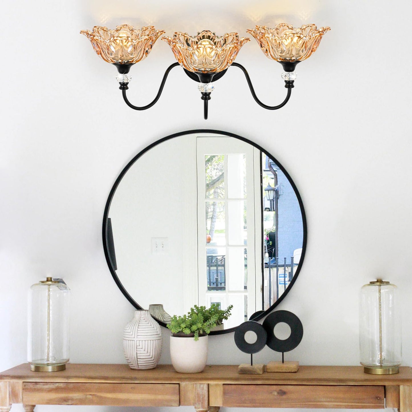 sunkryster Black Bathroom Vanity Light,3-Light Vanity Light with Floral Amber Glass Shades,Vintage Farmhouse Wall Mount Lighting for Bathroom, Dressing Table