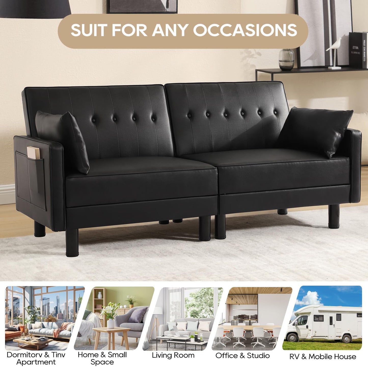 IPKIG Futon Sofa Bed - Faux Leather Convertible Sleeper Sofa with Adjustable Backrest and Side Pockets, Small Loveseat for Rentals, RVs, Bedroom, Guest Rooms (Black, Loveseat)